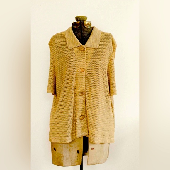 Lady Dorby Vintage Gold Knit Top Button Front Size L/XL Leaf Buttons Retro 80s - Picture 5 of 16